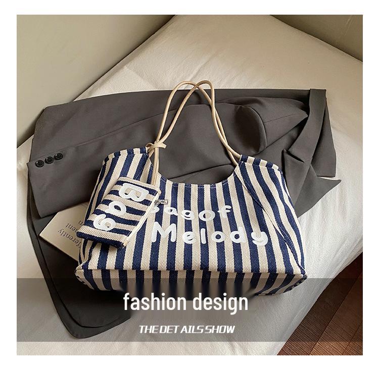 Canvas Striped Tote Bag - Women's College Style Handbag & Shoulder Bag