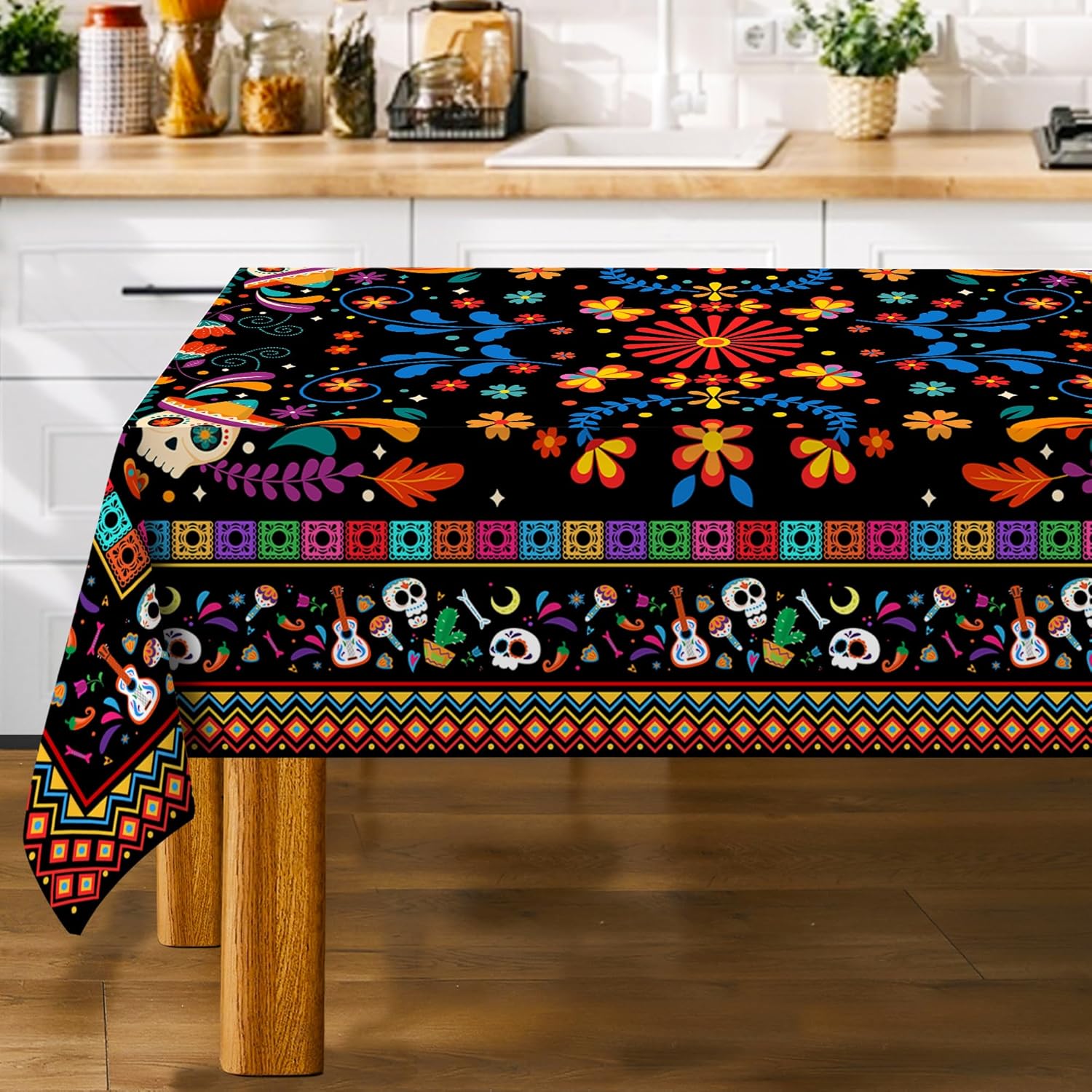 Mexicaanse Bloemen Schedel Rechthoekige Tafelkleed voor Tafeldecoratie Keuken Eetkamer Waterdicht Herbruikbaar Tafelkleed voor Tafels Eetkamer 140x180cm