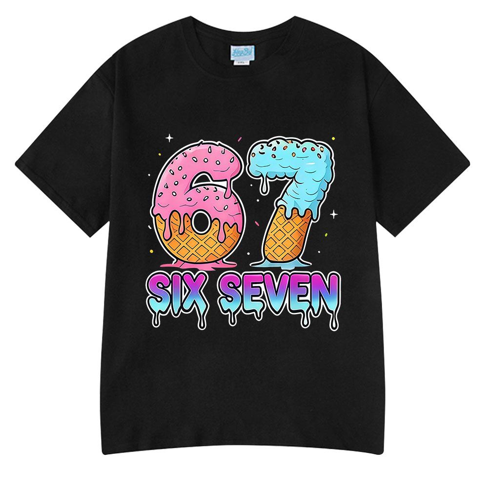 Six Seven 67 Funny Ice Cream Meme Cartoon T Shirts Unisex Women Clothing Fashion Harajuku Summer Cotton Casual Short Sleeve Tshirt