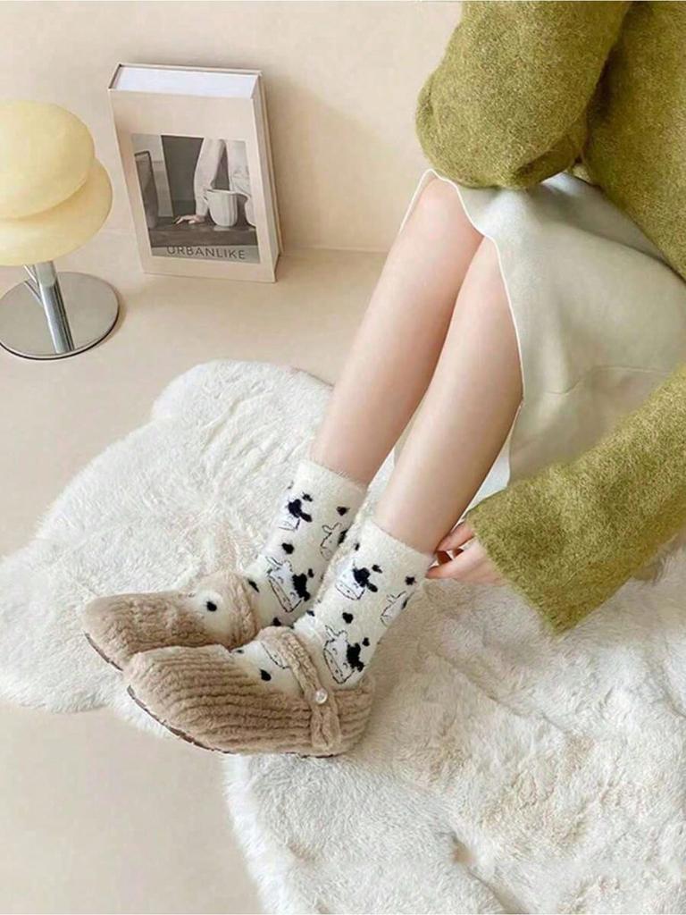 Cartoon Cute Cow Mink Velvet Socks Women Winter Soft Fleece Plush Warm Home Sleep Boot Socks Kawaii Thermal Tube Sox