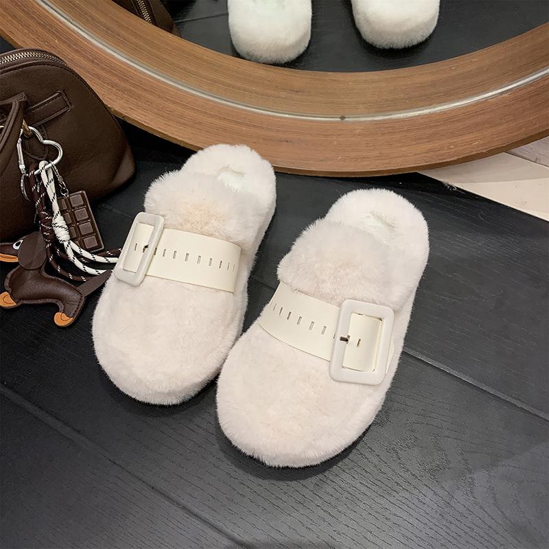 Thick-soled Fluffy Slippers for Women To Wear In Autumn and Winter 2025, New Muffin Half-slippers, High-end Cotton Slippers