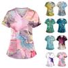 Artı boyutu sevimli baskılı fırçalama çalışma üniforması üstleri kadınlar için çapraz v yaka kısa kollu eğlenceli t-shirt iş giysisi Tee cepli