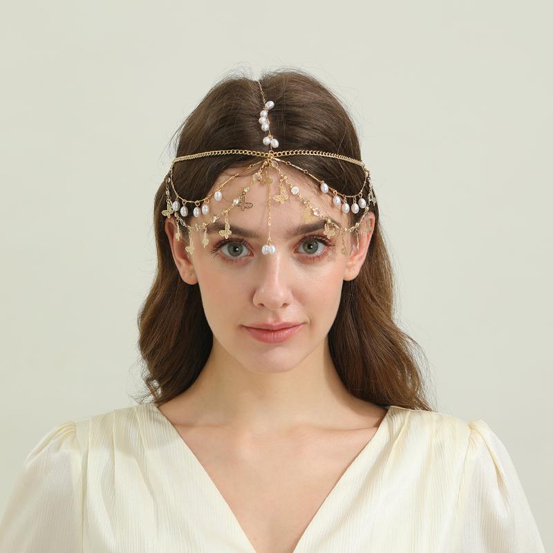 Fashion Bohemia Pearl Sequin Tassels Multi-Layer Hair Chain For Women Bride Rhinestone Forehead Chain Hair Jewelry