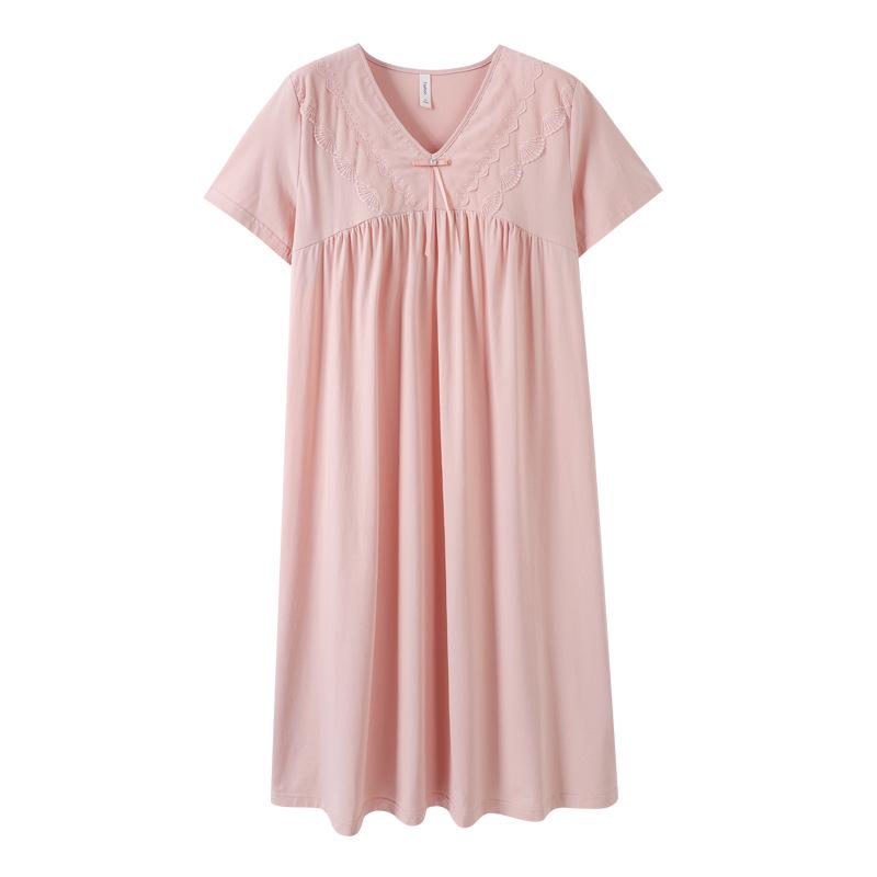 Women's Summer Cotton Lace Nightgown with Chest Pads, Short Sleeve, Mid-Length, Plus Size