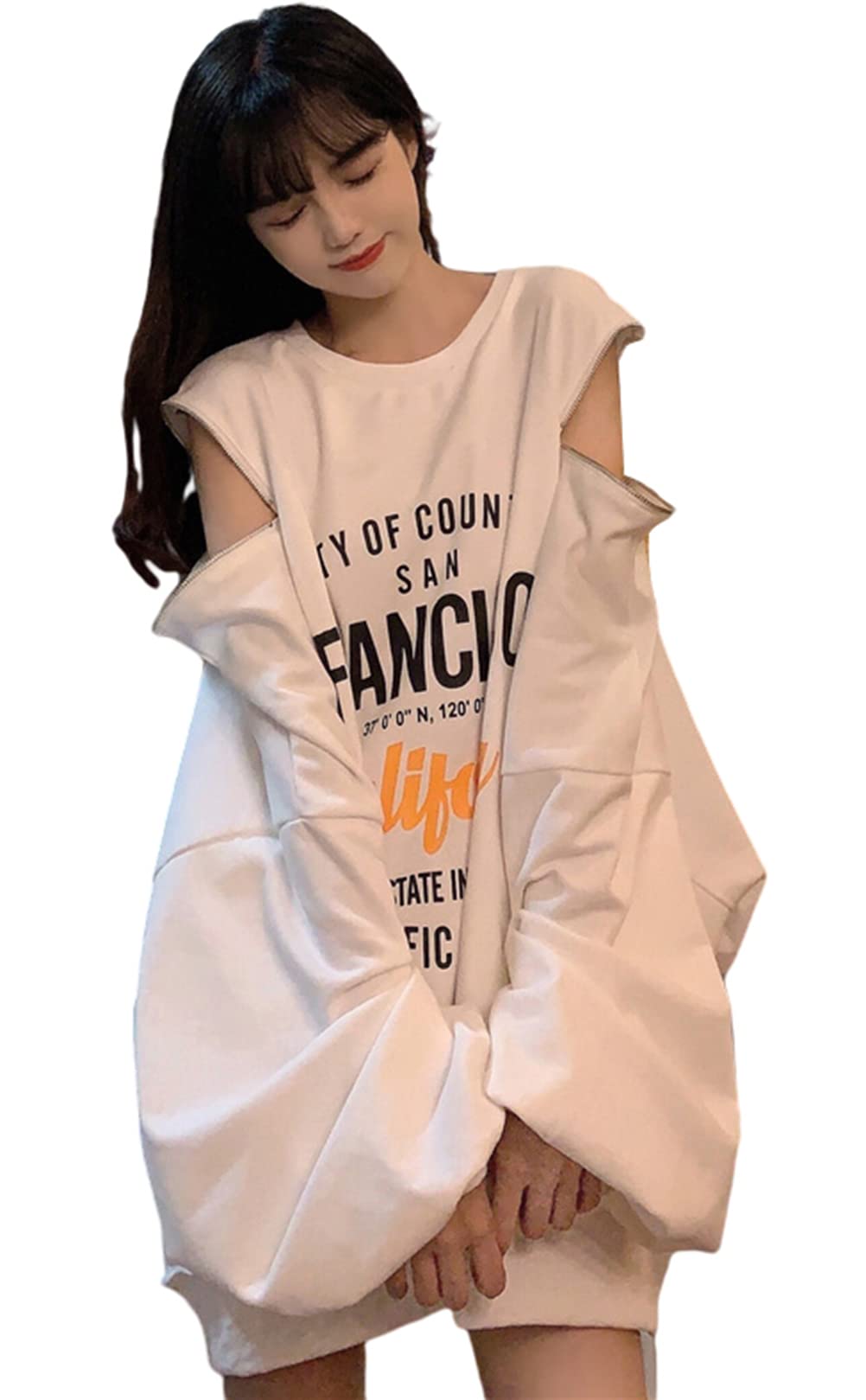 

Long Cotton Korean Fall [Ptor] Women s Loose-Fit Hoodie, Off-the-Shoulder, Sleeve, Pullover, Casual, Fashion, (Free Size, White) белый