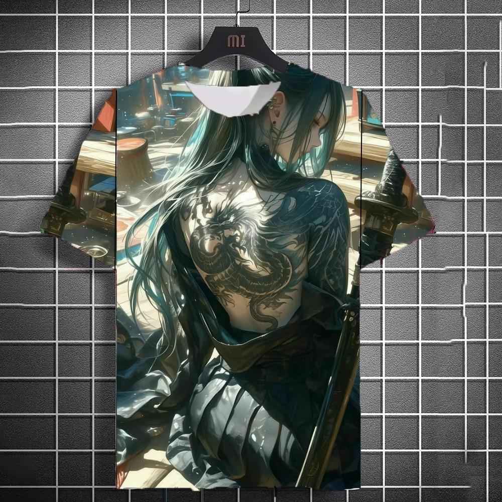 Japanese samurai samurai samurai sword tattoo girl T-shirt 3D printing universal personality anime T-shirt