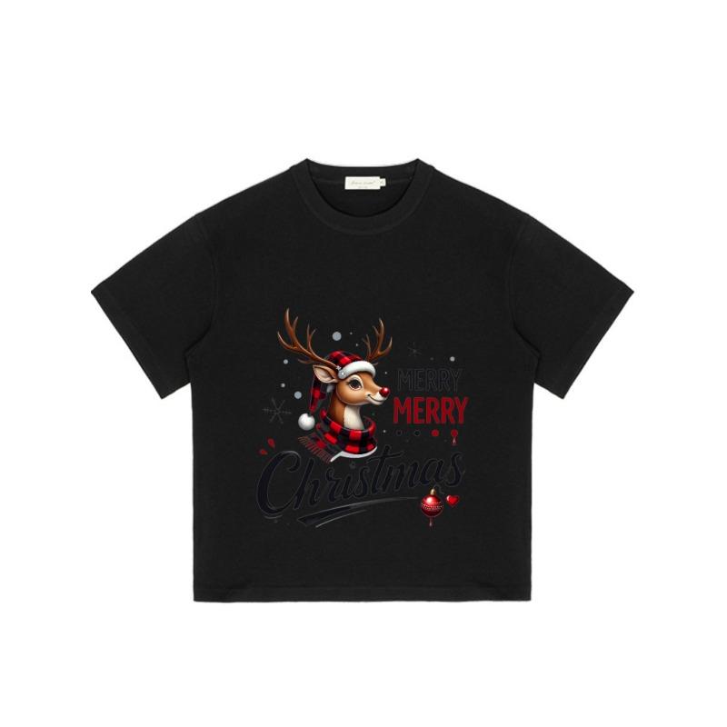 Christmas T Shirt Black Reindeer with Santa Hat and Scarf Merry Christmas Text Holiday Party Wear
