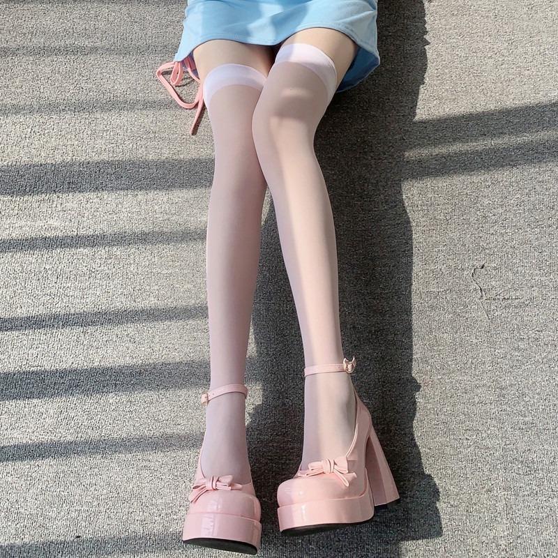 Sexy červený lem Nové nadkolenní dlouhé ponožky Gotické krajkové průhledné punčochy přes stehna Dámské Punkové JK Tenké hedvábné jednobarevné punčochové zboží