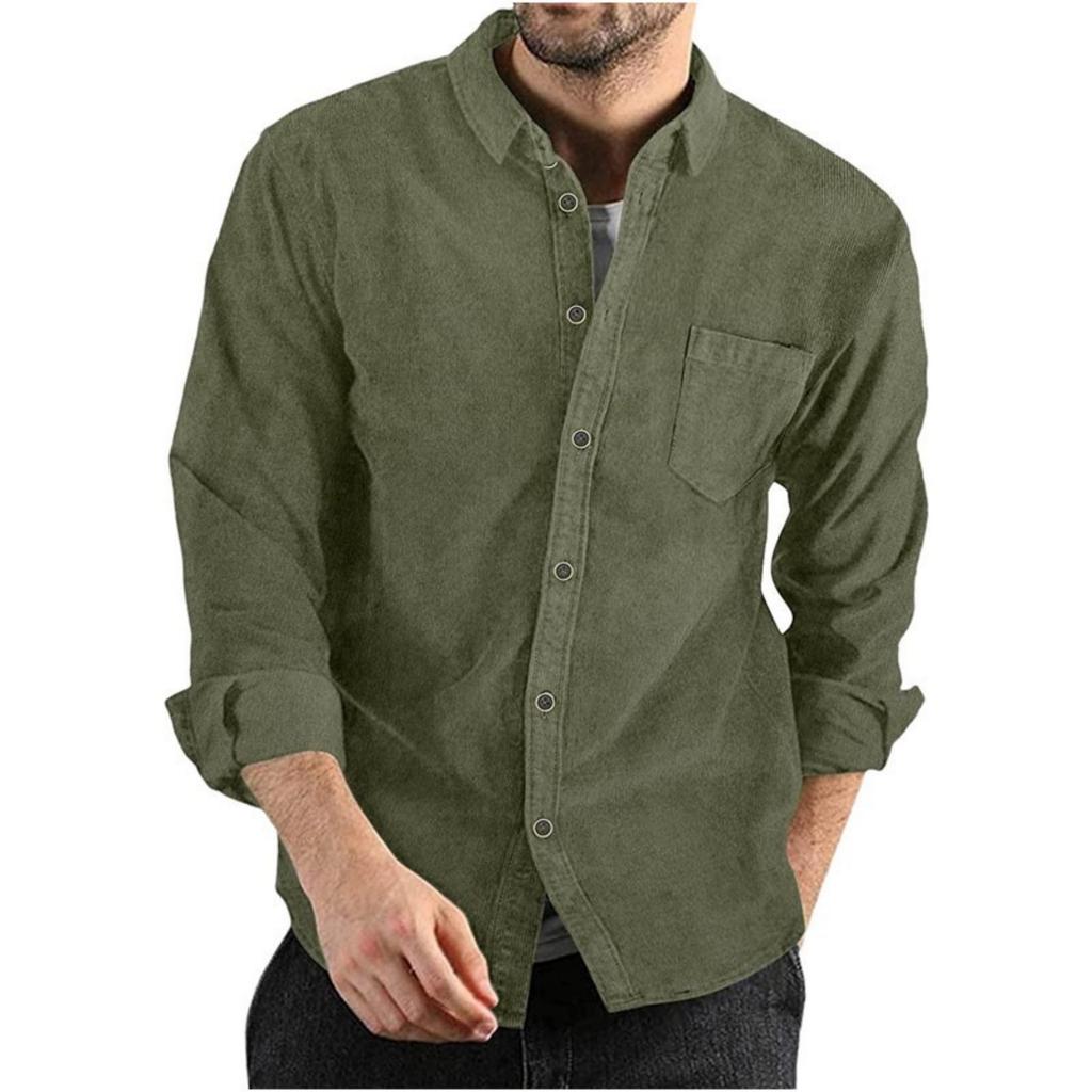 Men's Casual Loose And Fashionable Lapel Solid Color Sporty Long-sleeved Men's Button-down Corduroy Shirt Top