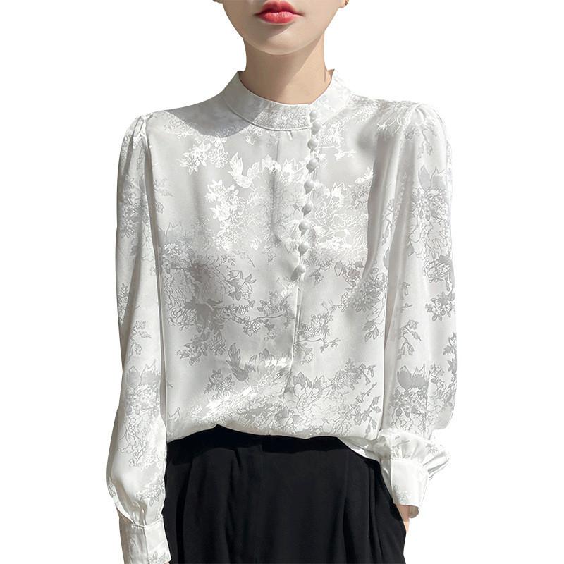 Satinseidenbluse für Damen mit Stehkragen und Taschen für Büro und Freizeit
