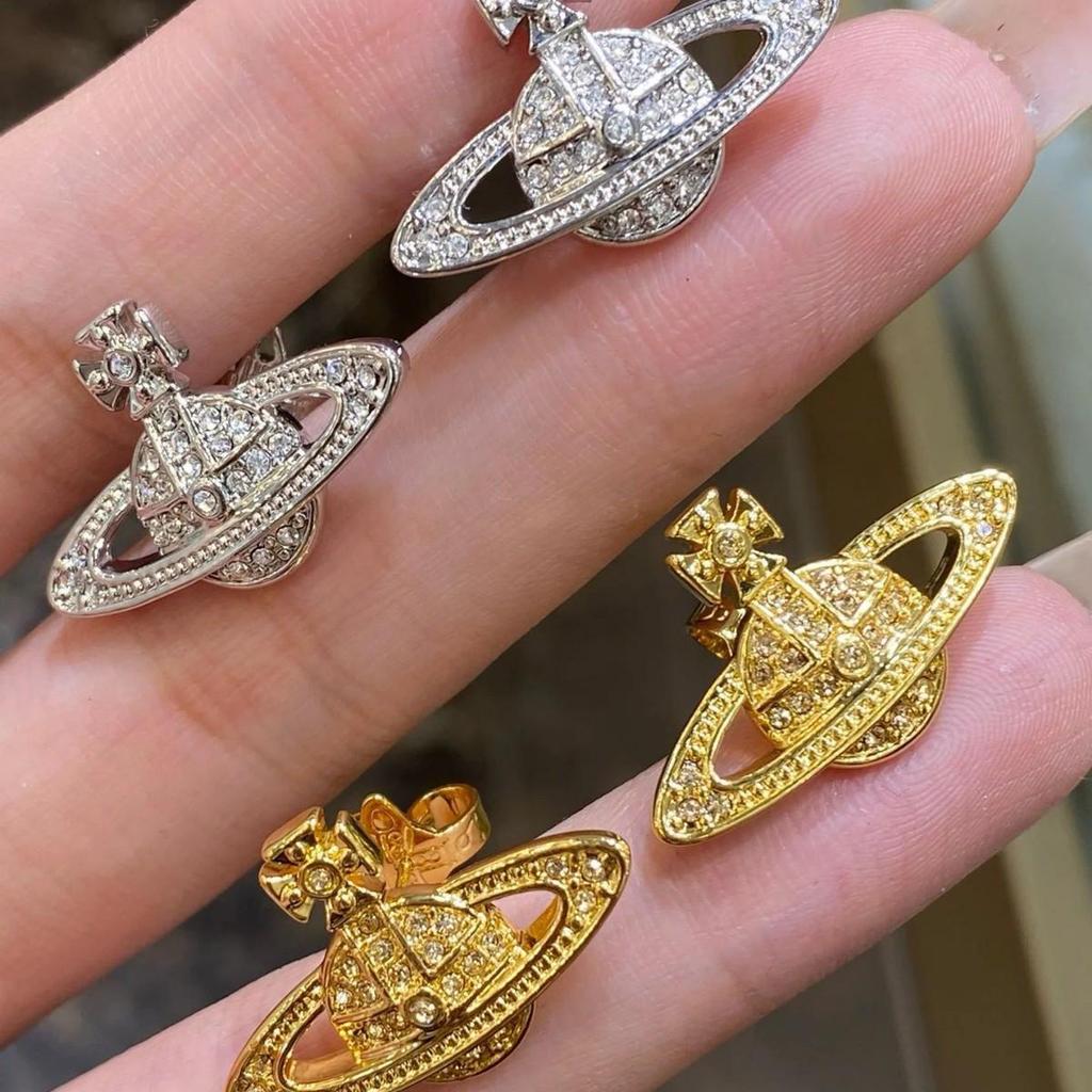 Classic Saturn Stud Earrings: Westwood-Style Full Diamond Planet Design