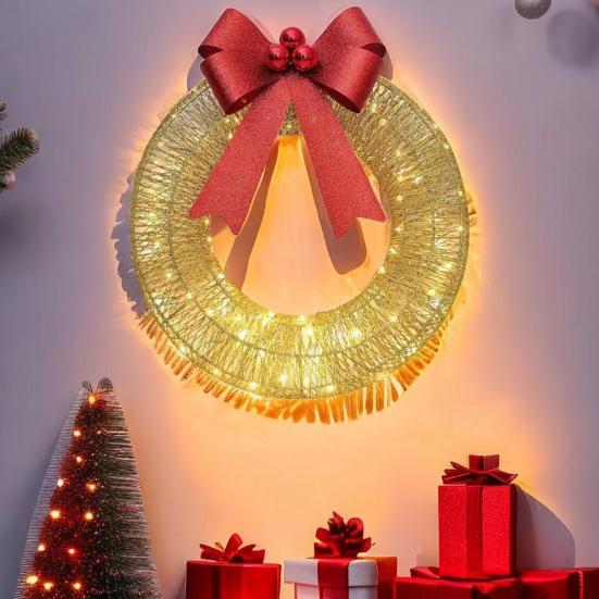 Lighted Christmas Wreath Battery Operated Pre-Lit Wreath with Large Bow And LED Lights for Indoor Outdoor Christmas Holiday Yard Garden Porch Decor