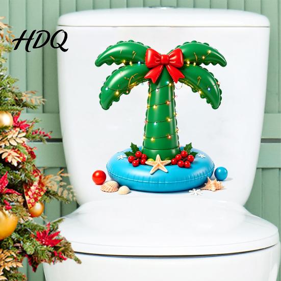 Durable PVC Holiday Stickers Christmas Toilet Lid Decal Tropical Coconut Tree Bathroom Stickers Island Easy Apply Decals Style Restroom Mural