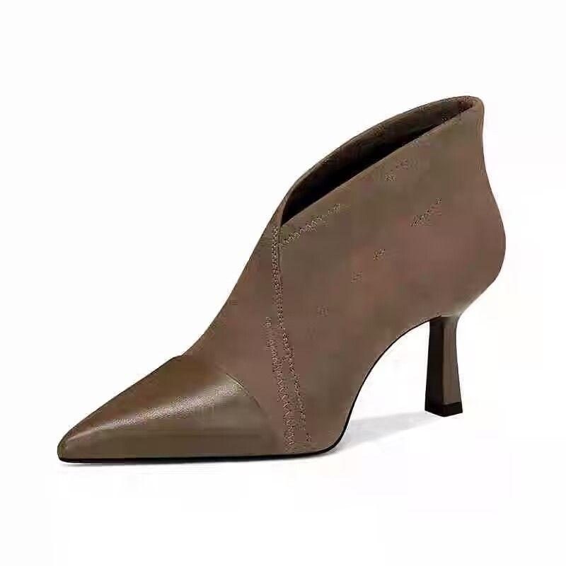 Fashion French Style High Heel Boots New Autumn and Winter Suede Pointed Toe Slip-on Thin High Heel Nude Boots