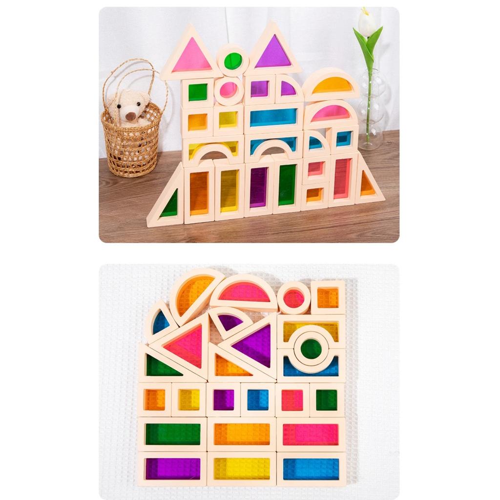 25 bucăți blocuri de construcție stivuite Jucării Montessori Jucării de construcție Jucărie senzorială cu geometrie colorată Blocuri din lemn curcubeu pentru preșcolar