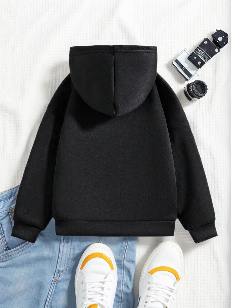 Boys' Autumn/Winter Fashion -Lined Hooded Sweatshirt "Santa Says Six Seven" Lettering Element with Santa Claus Cartoon Print Wearing