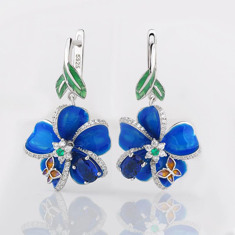 Buyee 925 Sterling Silver Big Clip Earring Elegant Blue Enamel Flower Earring for Woman Girl Wedding Fine Jewelry Earring