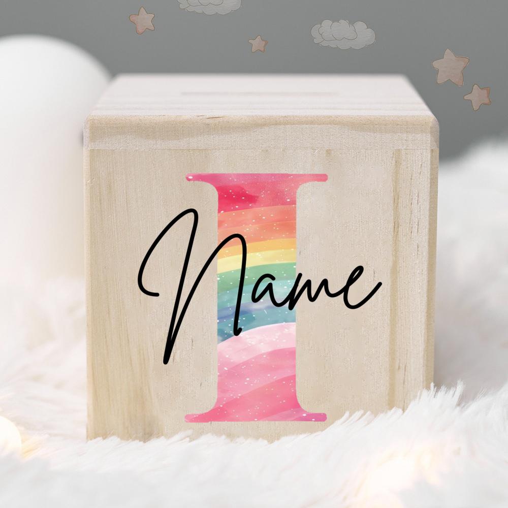 Personalized Money Box Kids Money Boxes Rainbow Letter with Name Coin Collection Box Wooded Coin Bank Child Birthday Shower Gift