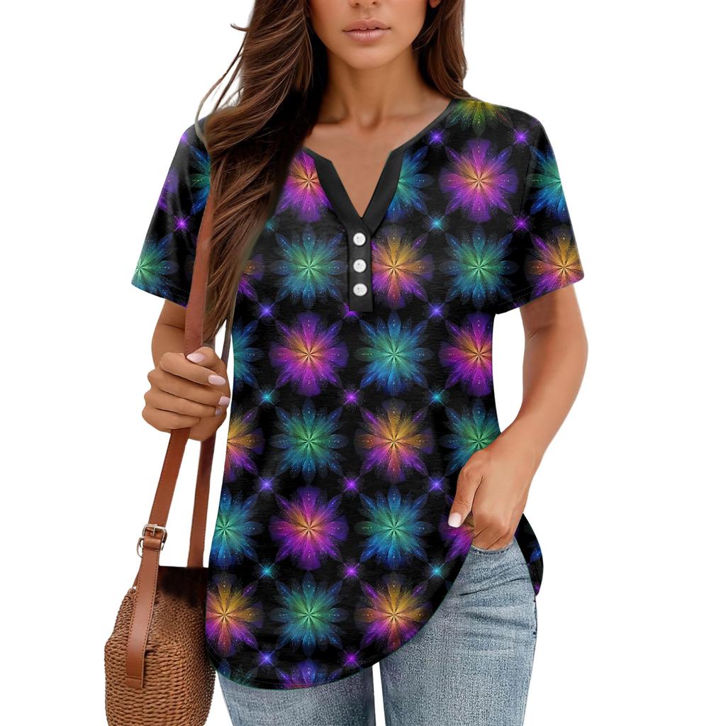 Damen-T-Shirt, T-Shirt, bedruckt, Knopfleiste, kurzärmelig, für den Alltag, Wochenende, modisch, Basic, V-Ausschnitt, normales Oberteil