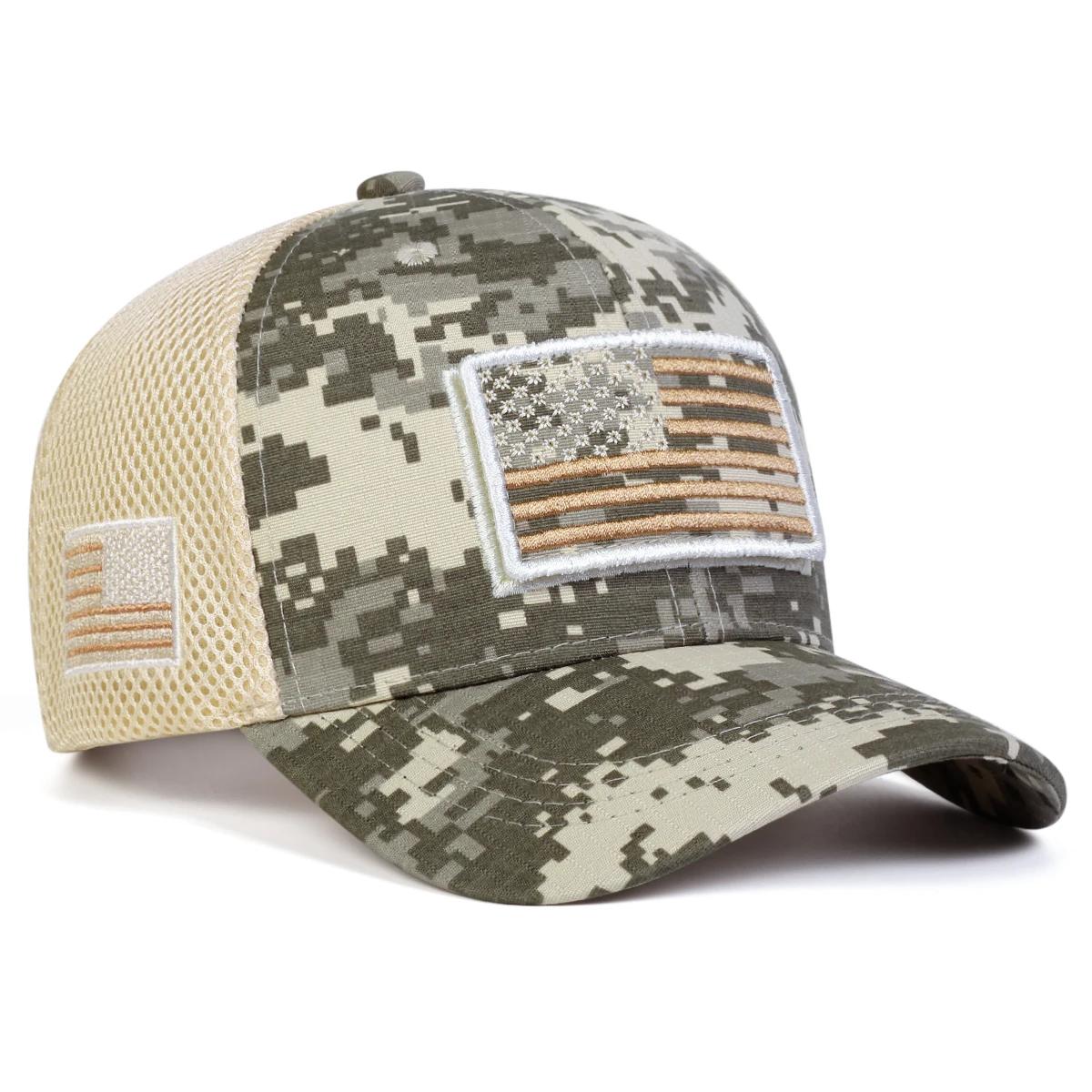 Unisex Amerikanische Flagge Stickerei Camouflage Baseball Netzmützen Frühling Sommer Outdoor Verstellbar Lässige Hüte Sonnenschutz Hut Kappe beige