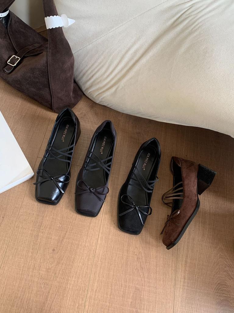 Brown French Square Head Bow Mary Jane High Heels 2025 Autumn New Retro Thick Heel Light Mouth Single Shoes