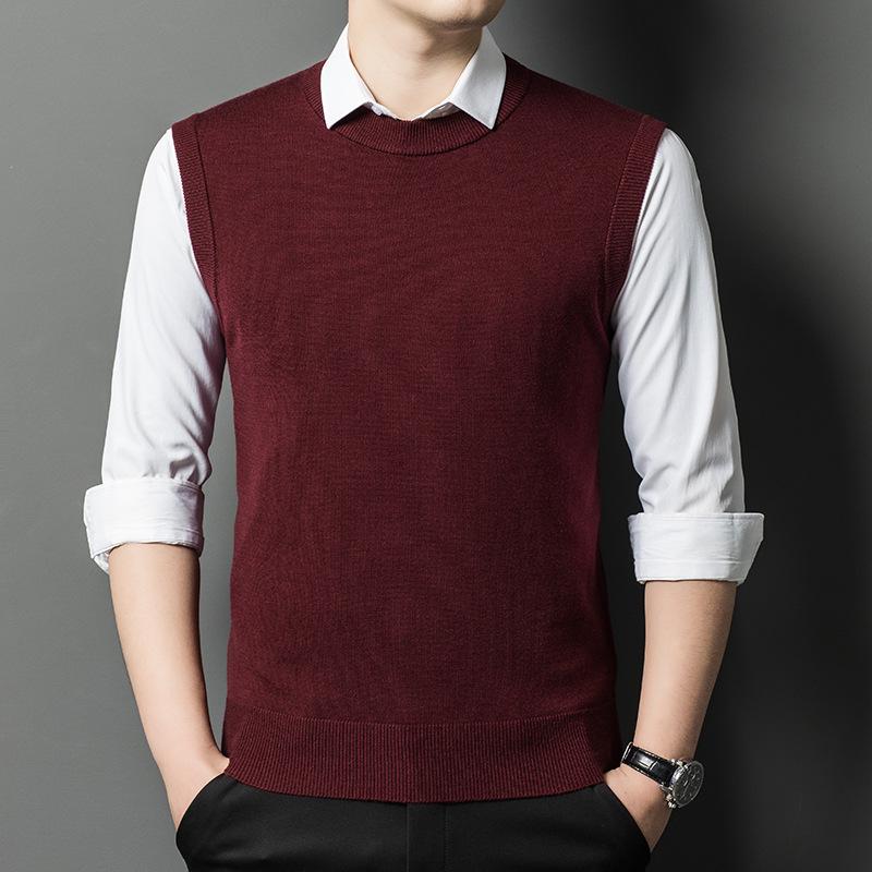 Men's V-Neck Wool Knit Vest - Autumn/Winter Solid Color, Middle-Aged & Elderly Style
