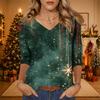 Women's V-Neck Christmas Print Shirt with Three-Quarter Sleeve and Loose Fit for Casual Daily Wear