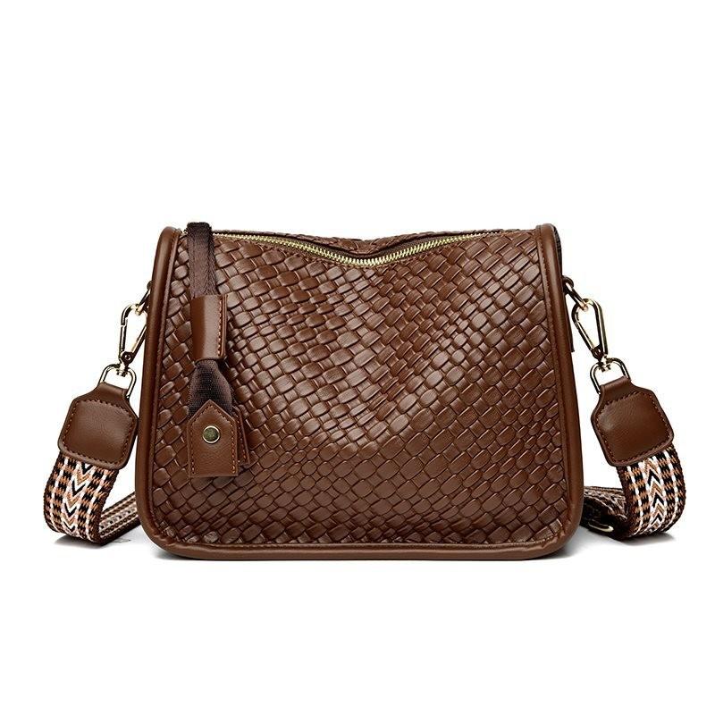 Stylish Woven Leather Shoulder Bag For Women With Wide Strap And Large Capacity