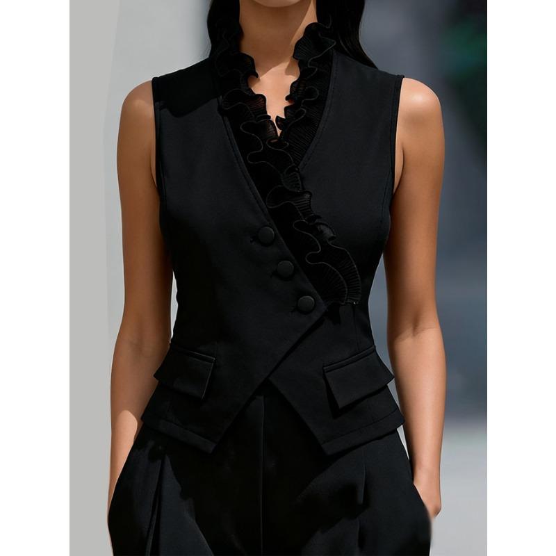 Women s Black V Neck Ruffle Mesh Trim Asymmetric Button Sleeveless Waistcoat Vest S чёрный