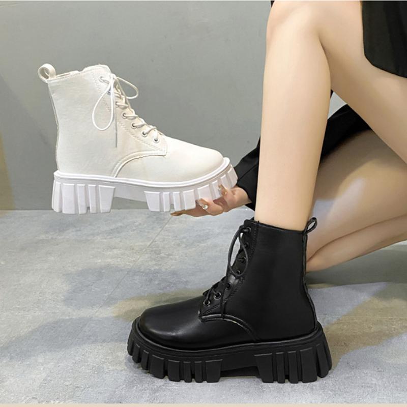 Women new winter short boots Women Thick bottom Leather Ankle Booties Mujer anti-skid walking shoes Lace up zipper female boots