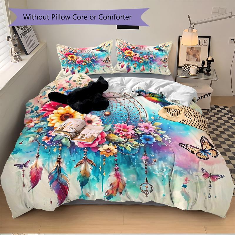 3pcs Birds Flowers Butterflies and Feathers in a Fantasy Garden Printed Quilt Set - Soft and Comfortable Quilt Cover for Bedroom, Guest Room and
