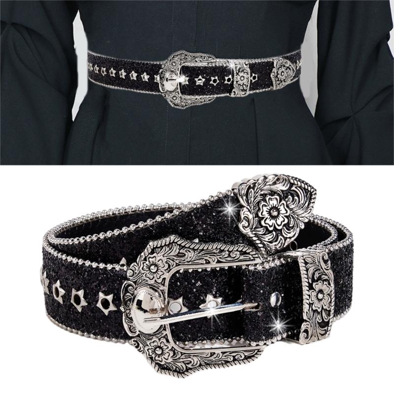 Grunge Waist Belts for Jeans Pants Carving Glitter Floral Buckle Belt Bandsman
