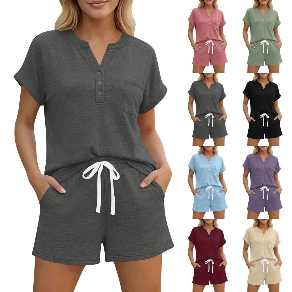 Women Casual Two Piece Lounge Set Short Sleeve Henley Neck Top with Button Detail and Drawstring Waist Shorts Relaxed Fit