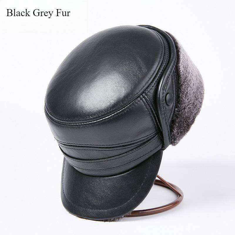 Men’s Genuine Cowhide Leather Ushanka Hat, Thick Warm Winter Earflap Cap for Middle-Aged and Elderly Men