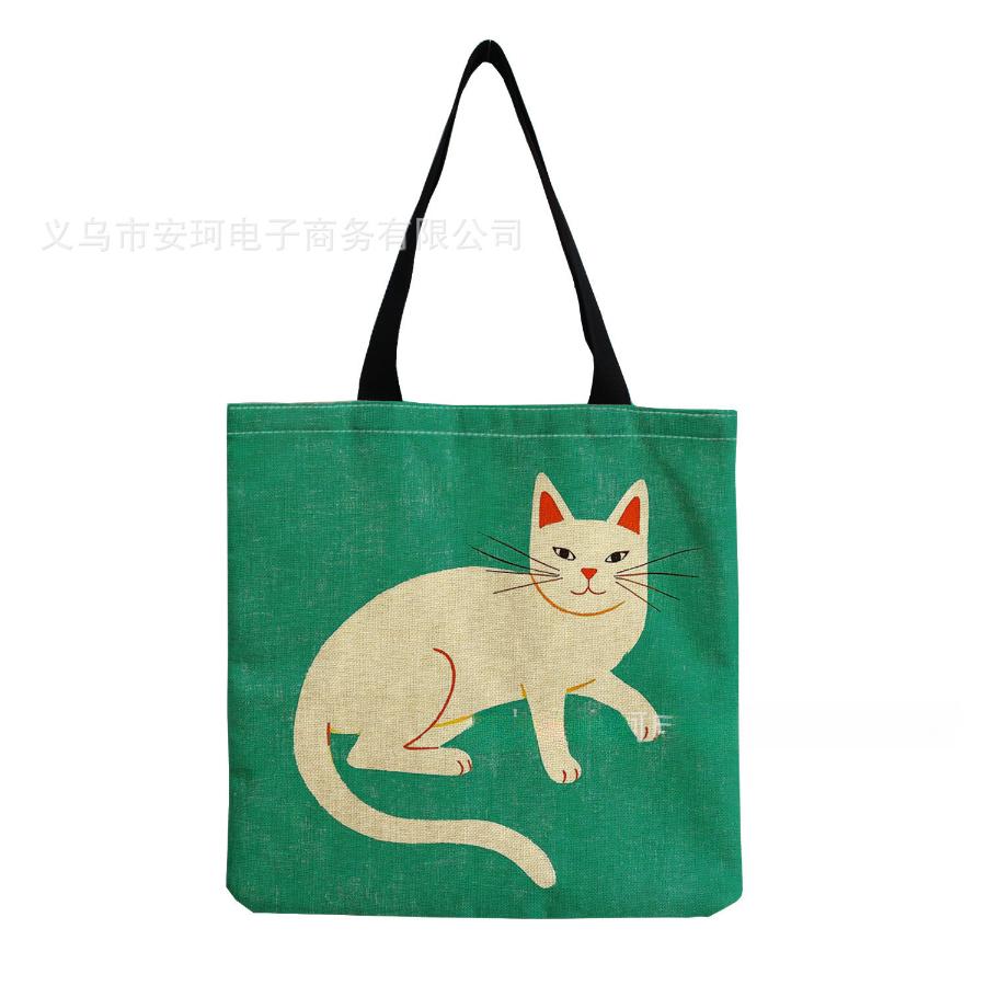 Women Vintage Linen Tote Bag - Large Capacity Cat Print Shoulder Handbag for Casual & Grocery Shopping KTB