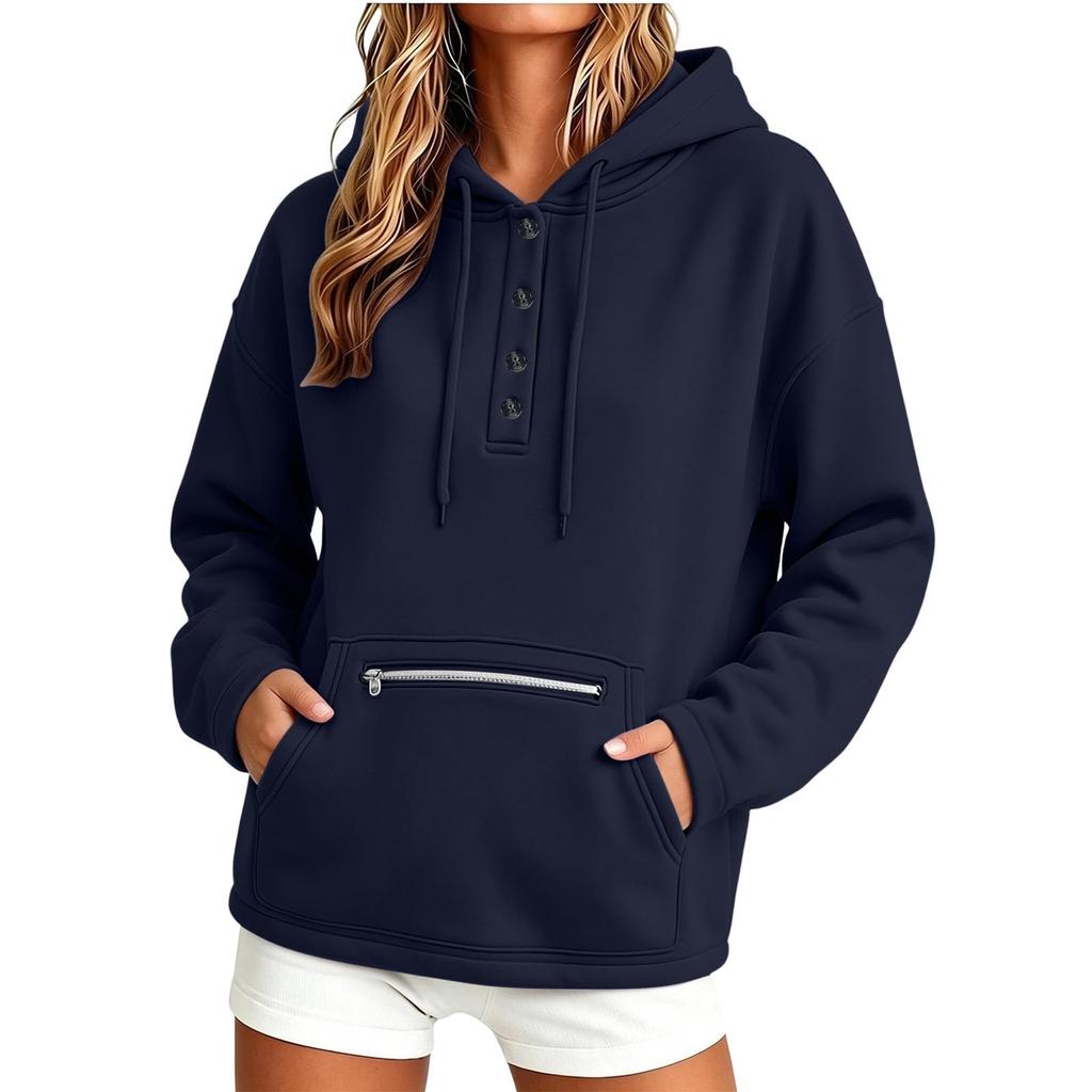 Felpa da donna con cappuccio, manica lunga, bottoni frontali, tasca, colore, per uso casual quotidiano