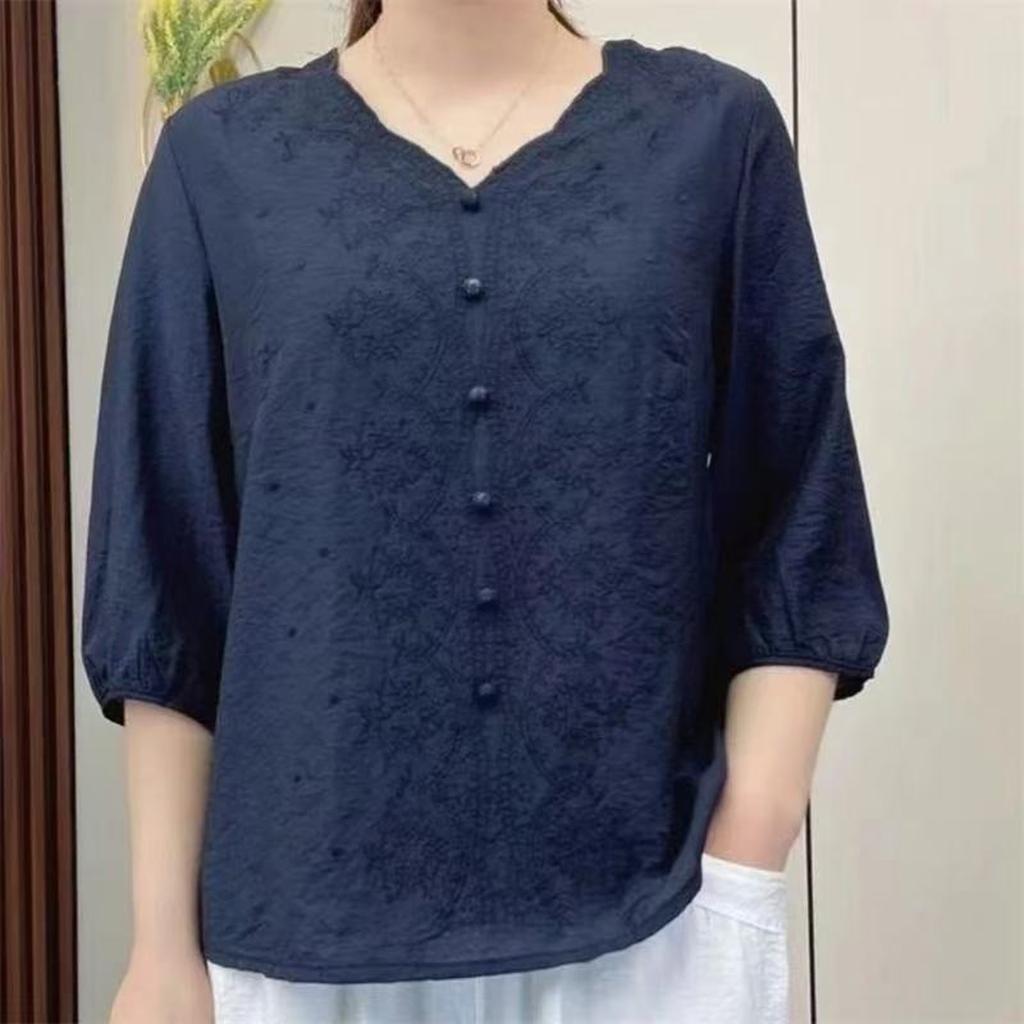 Women's Cotton And Linen V-neck Short-sleeved Fashionable Casual Loose Plus-size Top