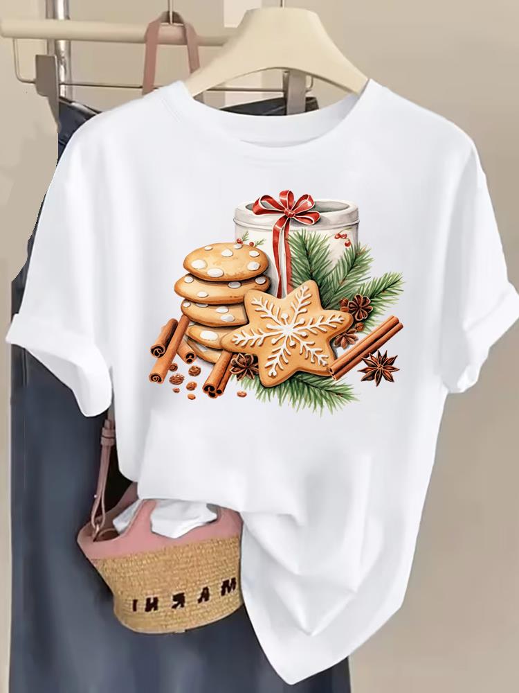 (Asian Size) watercolor trend Tee Top Christmas Festival New Year Clothing T Shirt Women Fashion Print Female Woman Short Sleeve Graphic T-shirts