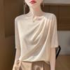 Women's Soft Tencel Round Neck Pullover: Short Sleeve, Pleated Top