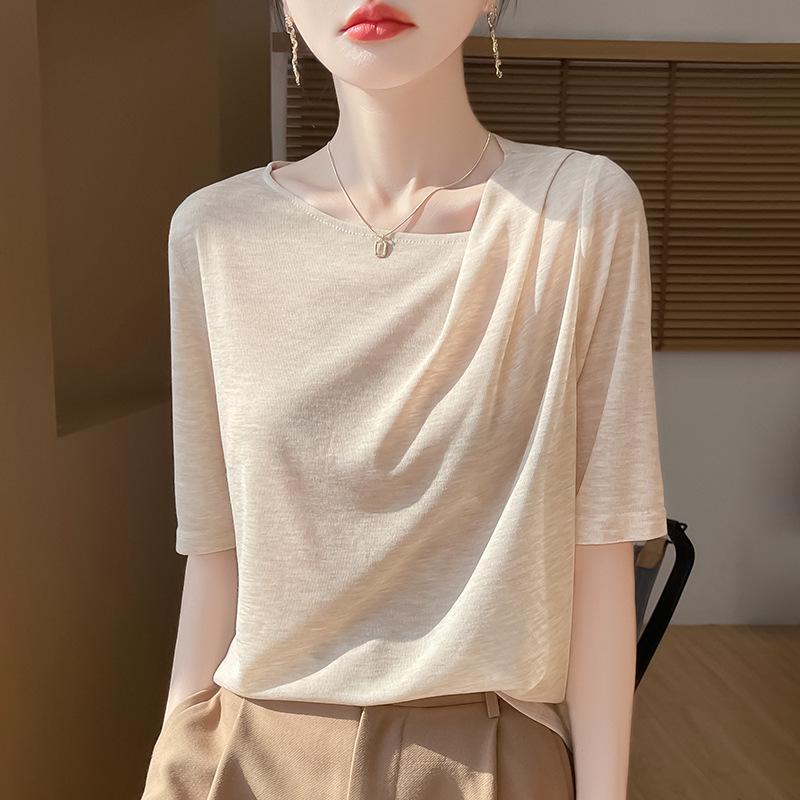 Women's Soft Tencel Round Neck Pullover: Short Sleeve, Pleated Top
