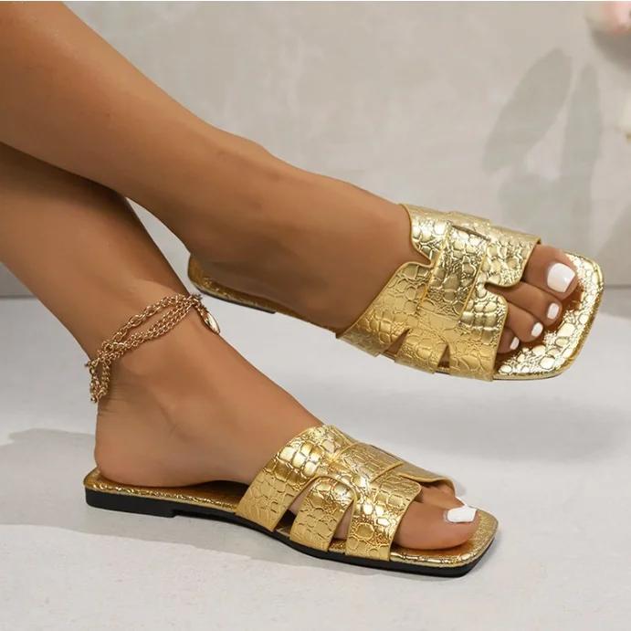 Fashion 2025 New Fashion Women's Summer Shoes Crocodile Pattern Solid Flat with Sandals Luxury Non-slip Rubber Slippers