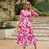 LYRIA Fashionable V-neck Printed Waist-cinching Dress Bohemian Style Short-sleeved Ankle-length Dress