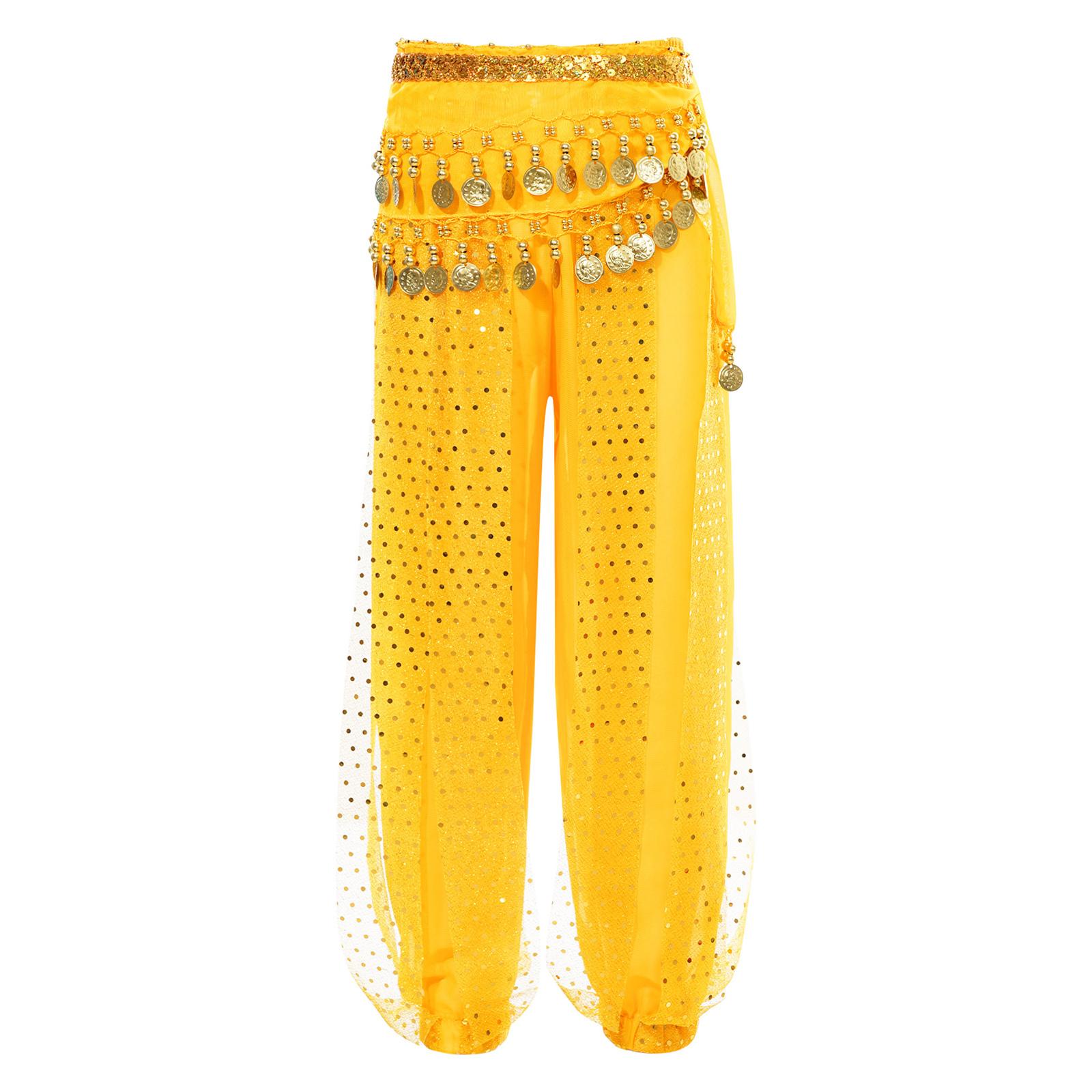 

Дівчата елегантні штани для танцю живота з блискітками, прикрашені шифоновою тканиною, еластичною талією, прикрашені бісером, з китицями, одяг для виконання 9-12 Years жовтий