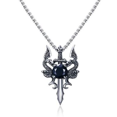 European and American Jewelry Creative Double Dragon Sword Black Gem Pendant Necklace Retro Necklace Men