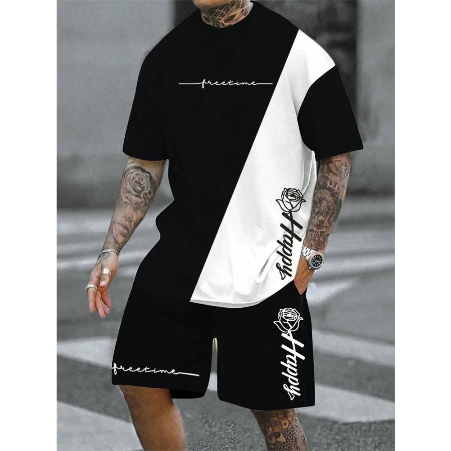 Summer Patchwork Monogrammed T-Shirt Men Crew Neck Short Sleeved Drawstring Shorts Tracksuit Outdoor Street Photography Clothing
