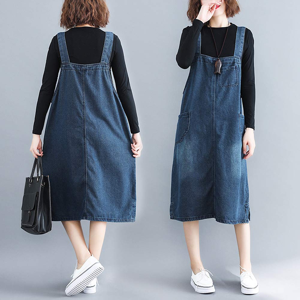 Anmida Denim Overalls Dress Relaxed Skirt, Fit, Stylish, Cute, Figure-Flattering, Pockets, Knee-Length, Spring/Summer