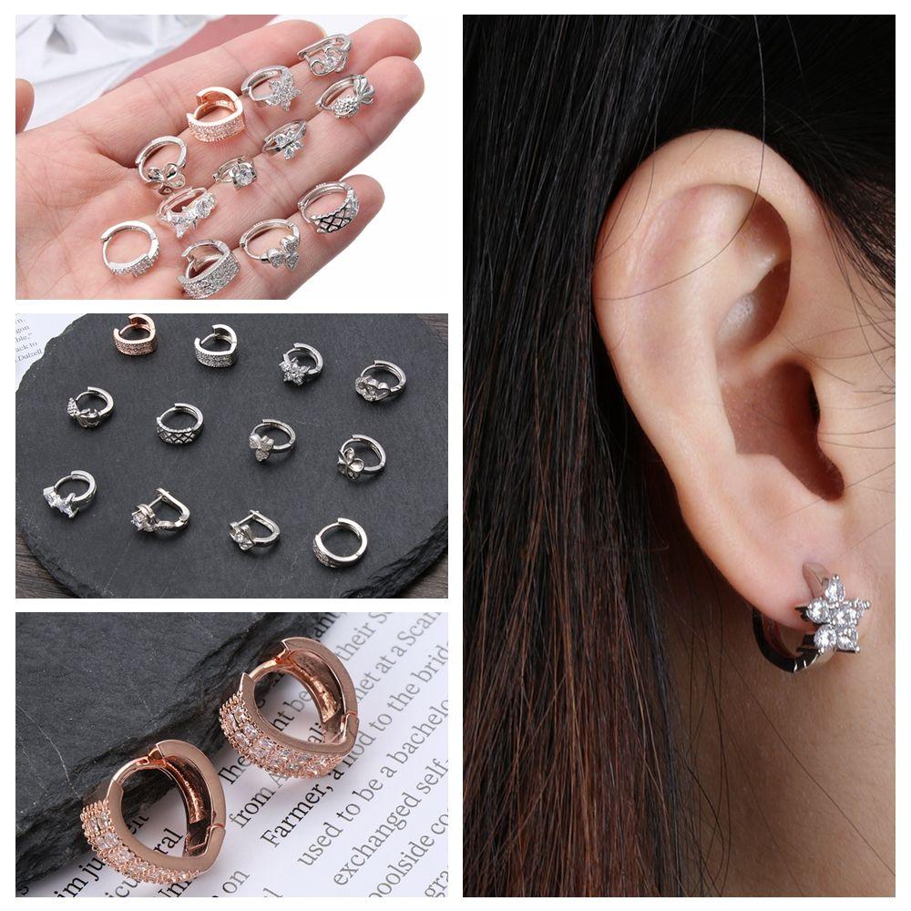 

Women Female Crystal Zircon Silver Color Huggie Hoop Ear Cuff Ear Stud Earrings