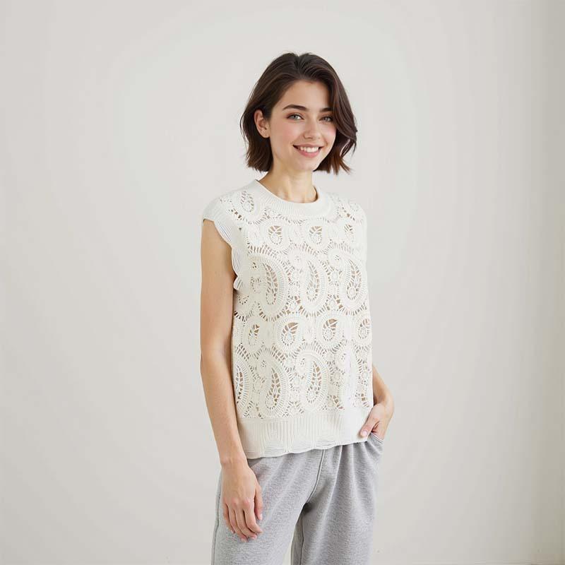 Crew neck hollow knitted vest women's top autumn new inner and outer tower wool sweater