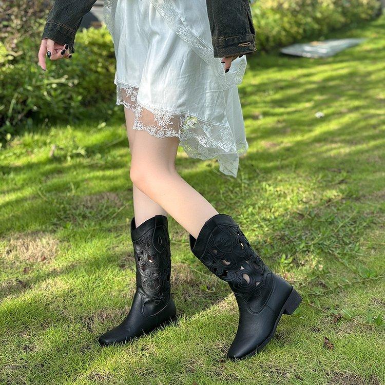 Brown Retro Western Cowboy Boots Women's 2025 New Hollow Mid Boots Embroidered Knight Boots Thick Heel Martin Boots