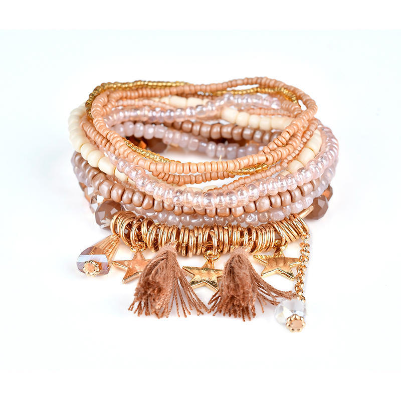 Bohemian Multilayer Beaded Bracelet Elastic Tassel Star Pendant Bracelet Bangle Women Jewelry
